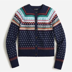 JCrew Wool Blue Fair Isle Cherry Knit Cardigan Sweater Womens small